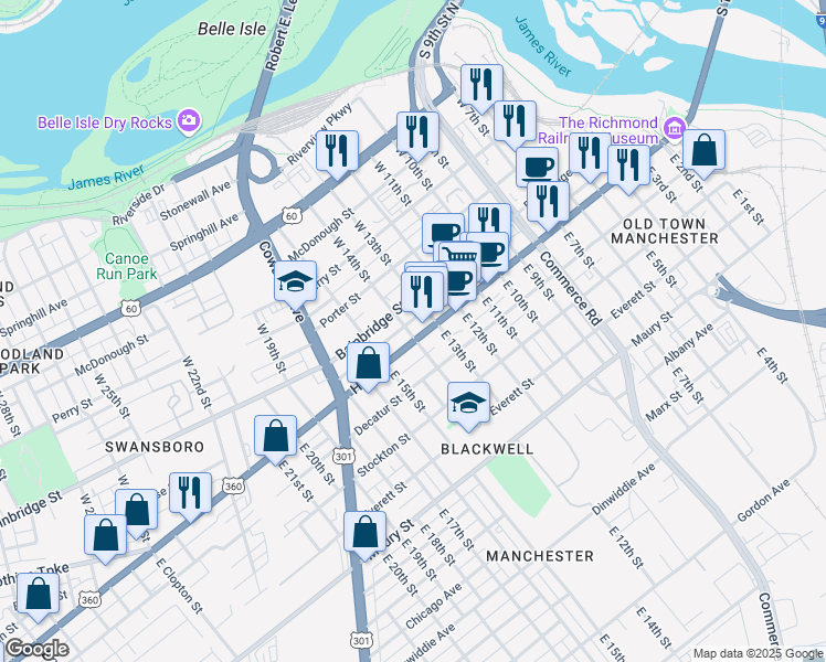 map of restaurants, bars, coffee shops, grocery stores, and more near 1427 U.S. 360 in Richmond