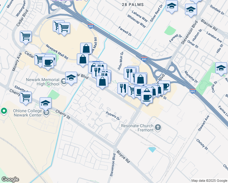 map of restaurants, bars, coffee shops, grocery stores, and more near 39802 Cedar Boulevard in Newark