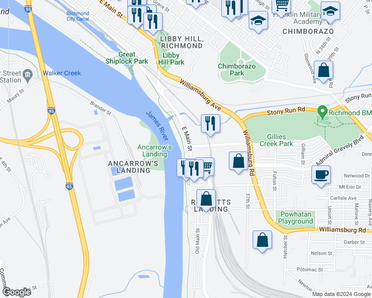 map of restaurants, bars, coffee shops, grocery stores, and more near 4400 East Main Street in Richmond