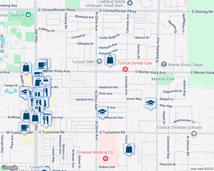 map of restaurants, bars, coffee shops, grocery stores, and more near 901 Hedstrom Road in Turlock