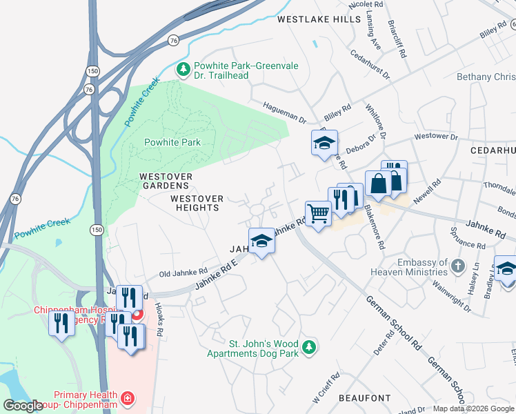 map of restaurants, bars, coffee shops, grocery stores, and more near 1311 Greenmoss Drive in Richmond