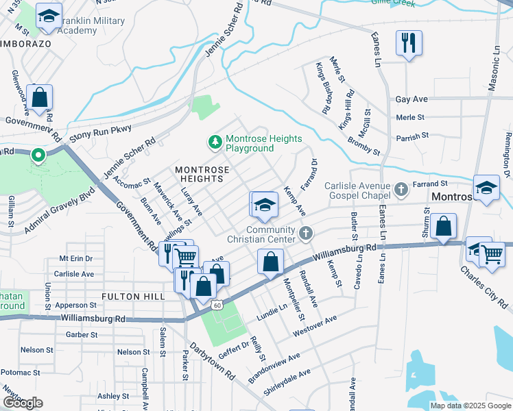 map of restaurants, bars, coffee shops, grocery stores, and more near 2019 Bailey Avenue in Richmond