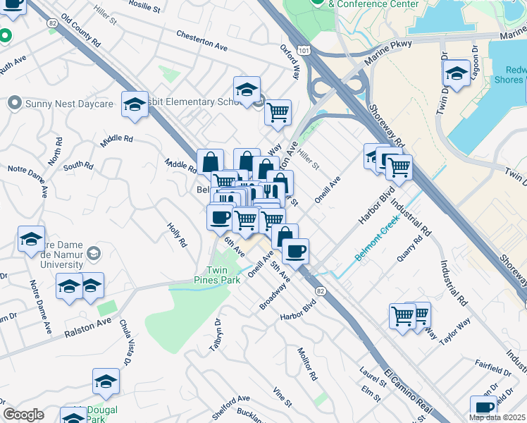 map of restaurants, bars, coffee shops, grocery stores, and more near in Belmont