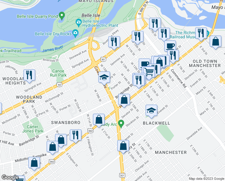 map of restaurants, bars, coffee shops, grocery stores, and more near 1516 Porter Street in Richmond