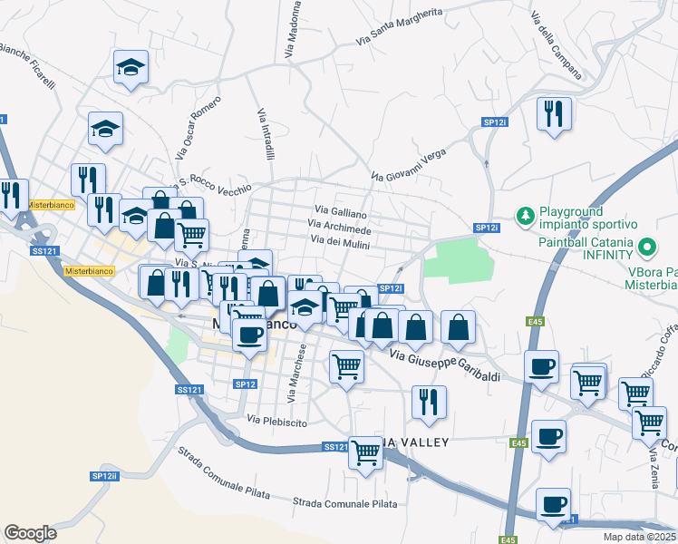 map of restaurants, bars, coffee shops, grocery stores, and more near 245 Via Marchese in Misterbianco