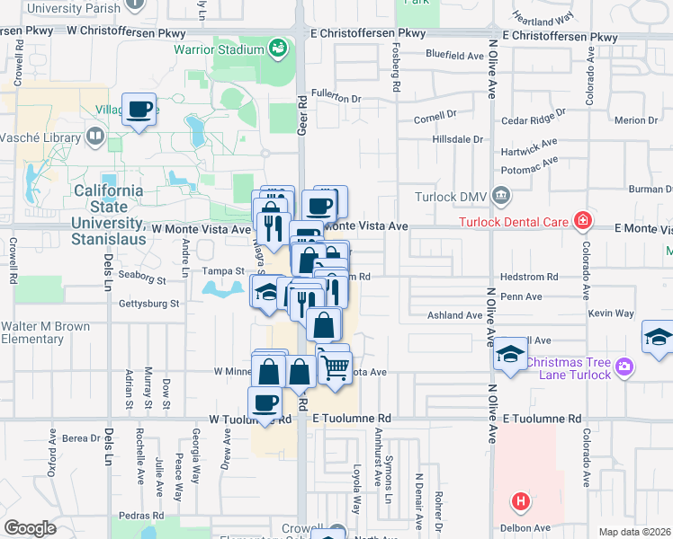 map of restaurants, bars, coffee shops, grocery stores, and more near 110 Hayes Drive in Turlock