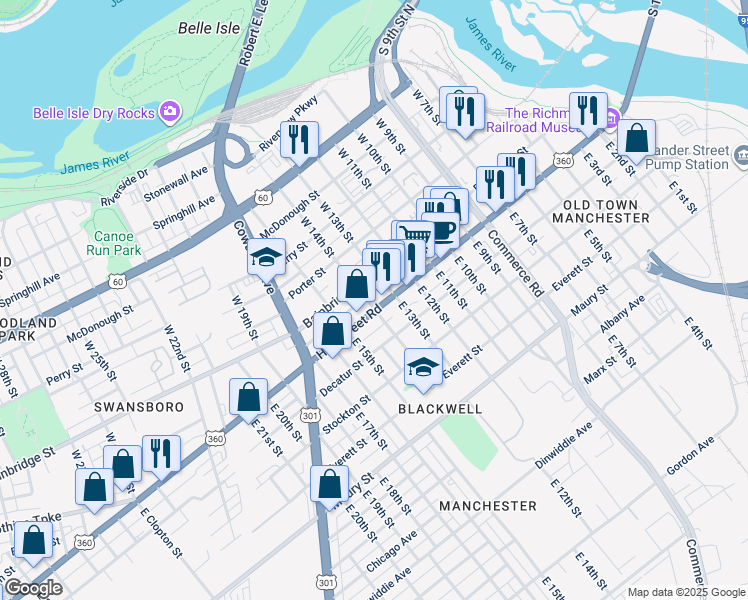 map of restaurants, bars, coffee shops, grocery stores, and more near 1323 Bainbridge Street in Richmond