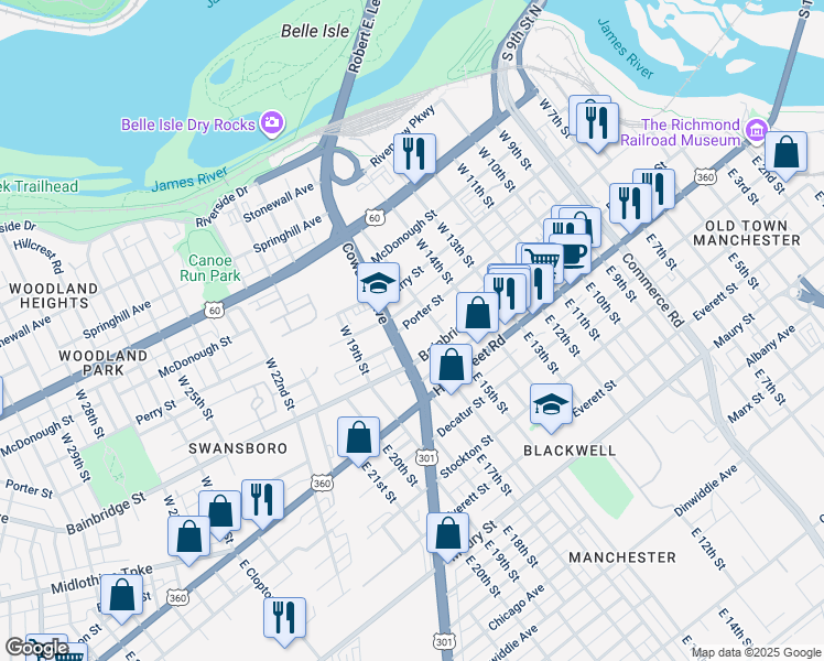 map of restaurants, bars, coffee shops, grocery stores, and more near 1514 Porter Street in Richmond