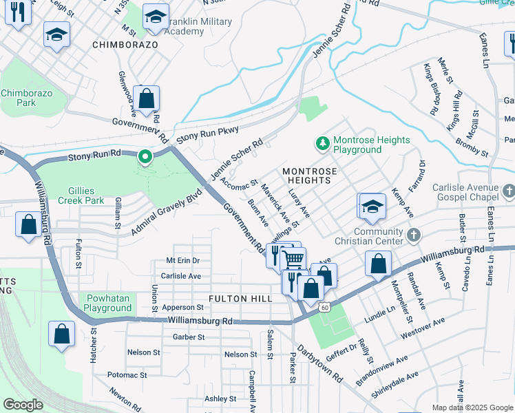 map of restaurants, bars, coffee shops, grocery stores, and more near 4500 Bunn Avenue in Richmond