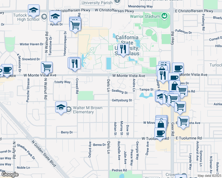 map of restaurants, bars, coffee shops, grocery stores, and more near 711 Seaborg Street in Turlock