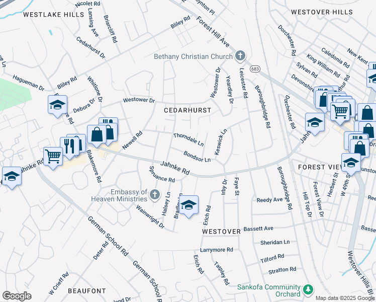 map of restaurants, bars, coffee shops, grocery stores, and more near 5724 Bondsor Lane in Richmond