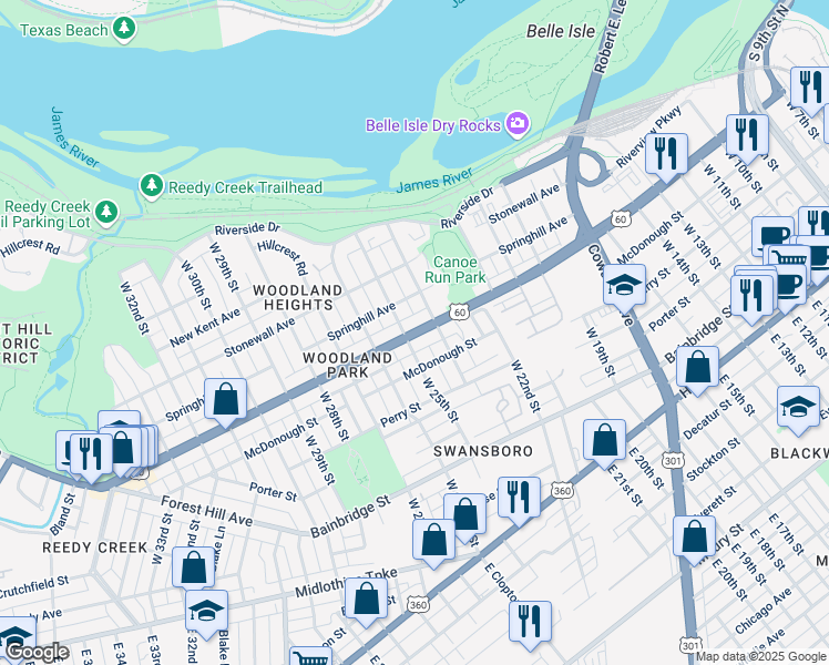 map of restaurants, bars, coffee shops, grocery stores, and more near Semmes Avenue in Richmond