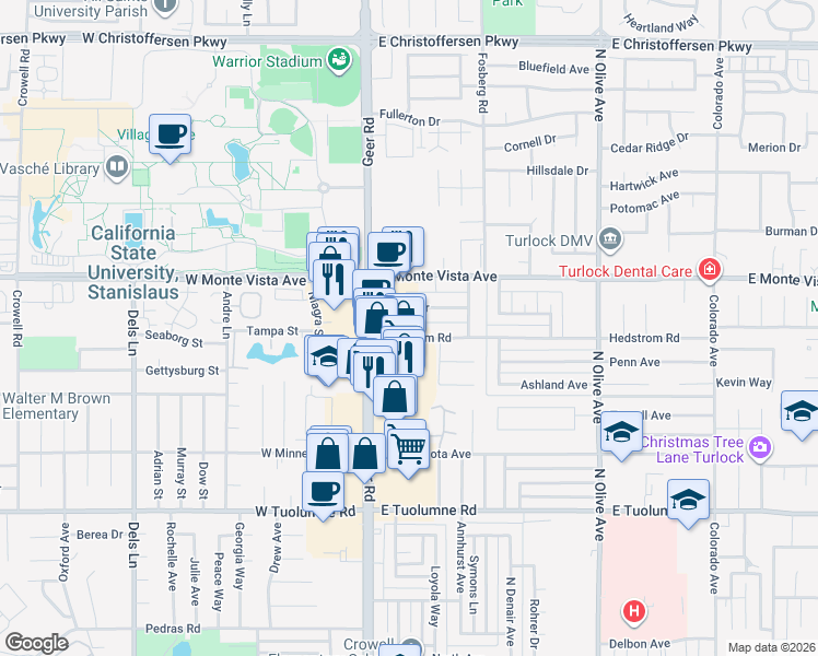 map of restaurants, bars, coffee shops, grocery stores, and more near 110 Hayes Drive in Turlock