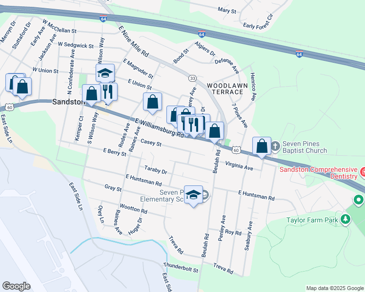 map of restaurants, bars, coffee shops, grocery stores, and more near 320 Casey Street in Sandston