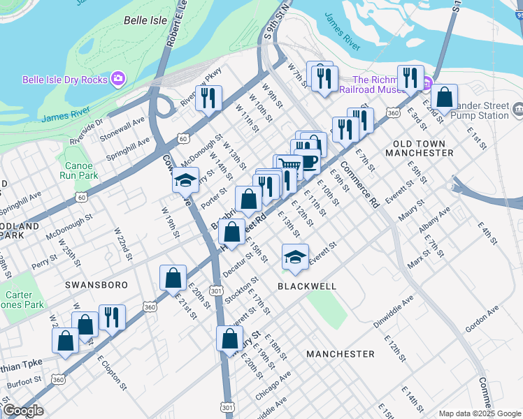 map of restaurants, bars, coffee shops, grocery stores, and more near 1317 Hull Street in Richmond