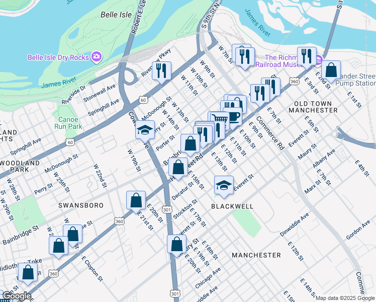 map of restaurants, bars, coffee shops, grocery stores, and more near 1410 Bainbridge Street in Richmond