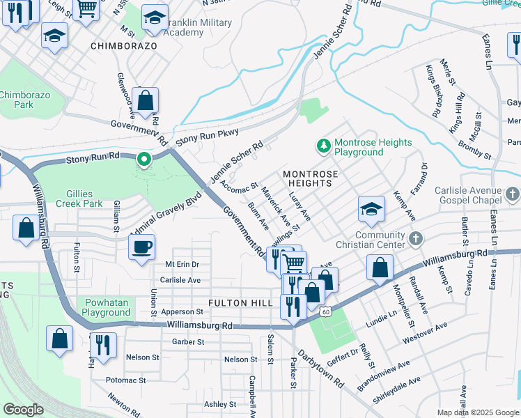 map of restaurants, bars, coffee shops, grocery stores, and more near 4500 Bunn Avenue in Richmond