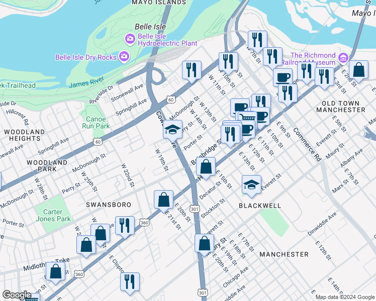 map of restaurants, bars, coffee shops, grocery stores, and more near 1514 Porter Street in Richmond