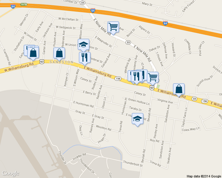 map of restaurants, bars, coffee shops, grocery stores, and more near 217 Casey Street in Sandston