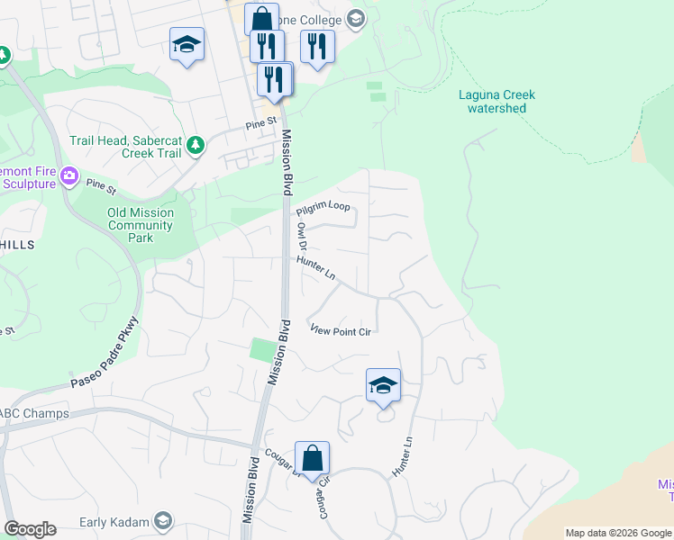 map of restaurants, bars, coffee shops, grocery stores, and more near 430 Hunter Lane in Fremont