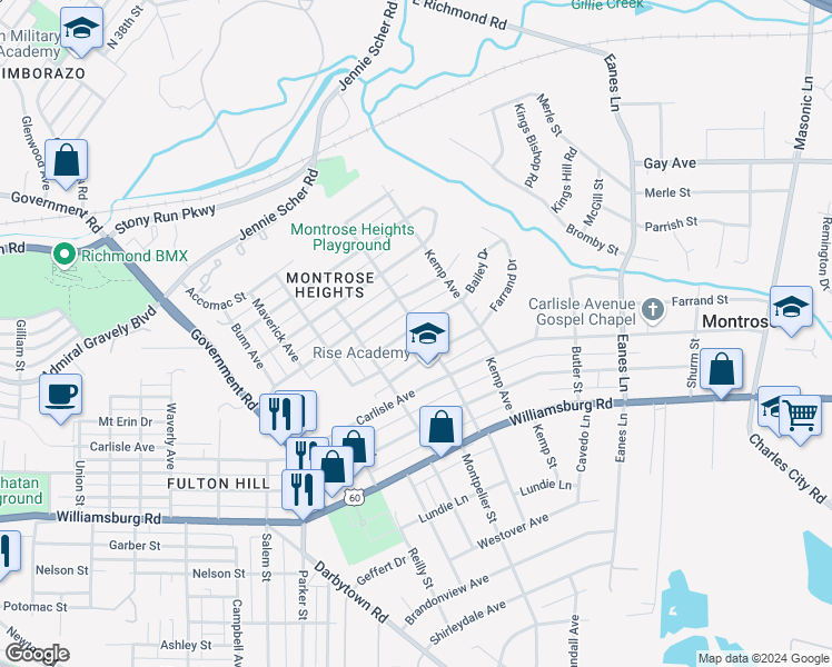 map of restaurants, bars, coffee shops, grocery stores, and more near 2019 Bailey Avenue in Richmond