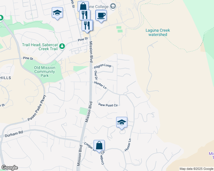 map of restaurants, bars, coffee shops, grocery stores, and more near 430 Hunter Lane in Fremont