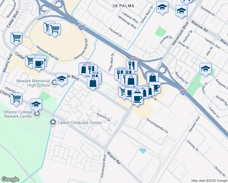 map of restaurants, bars, coffee shops, grocery stores, and more near 39868 Sawyer Terrace in Newark
