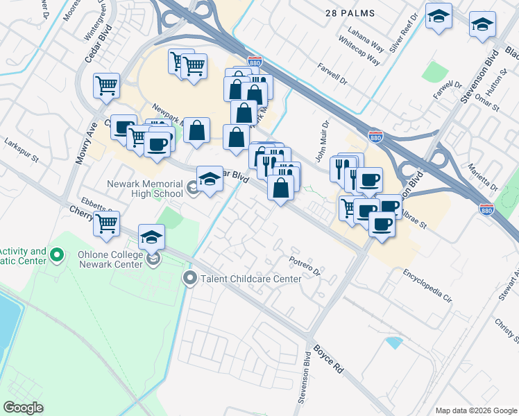 map of restaurants, bars, coffee shops, grocery stores, and more near 6023 Cedar Boulevard in Newark