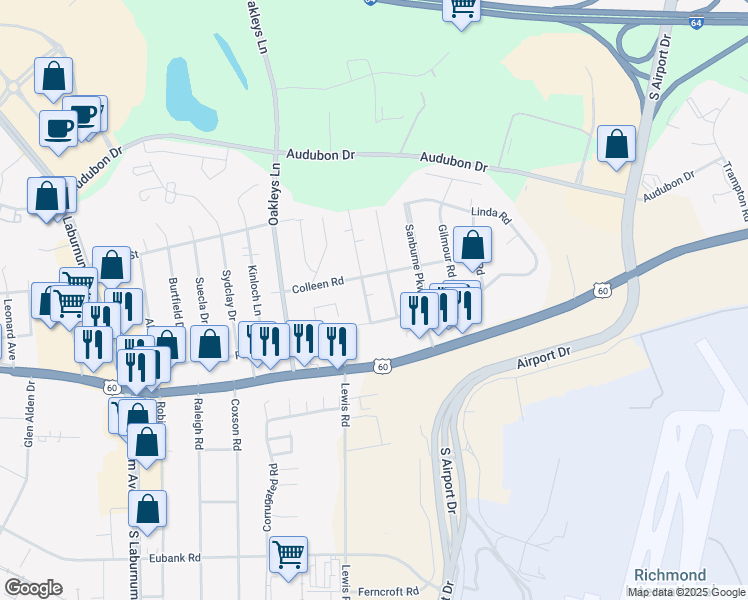 map of restaurants, bars, coffee shops, grocery stores, and more near 4901 Subrenda Drive in Sandston