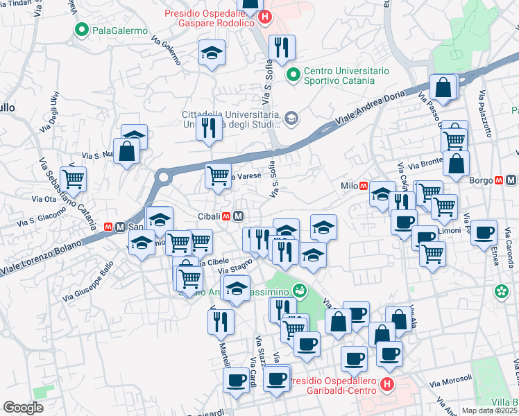 map of restaurants, bars, coffee shops, grocery stores, and more near 34 Via della Sorgiva in Catania