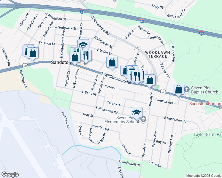 map of restaurants, bars, coffee shops, grocery stores, and more near 217 Casey Street in Sandston