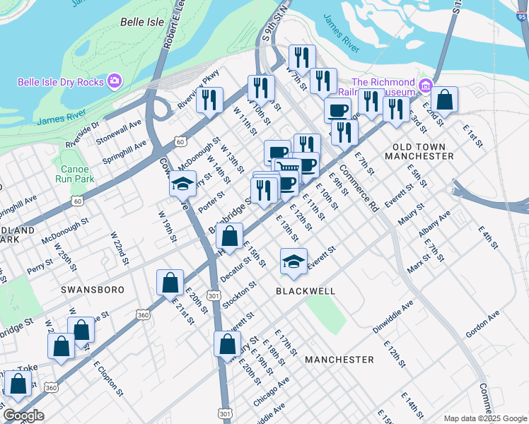 map of restaurants, bars, coffee shops, grocery stores, and more near 1309 Hull Street in Richmond