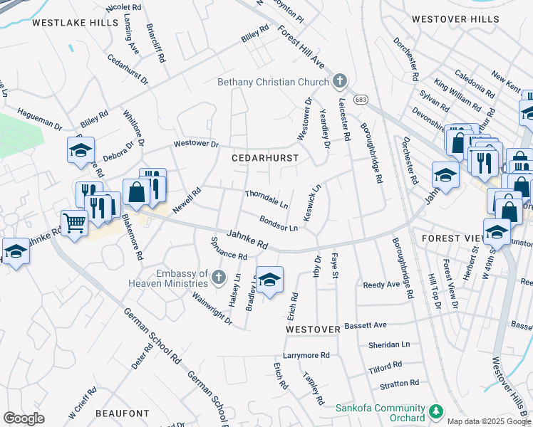 map of restaurants, bars, coffee shops, grocery stores, and more near 5724 Bondsor Lane in Richmond