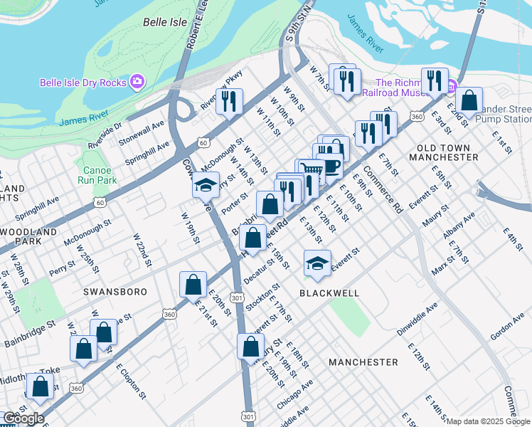 map of restaurants, bars, coffee shops, grocery stores, and more near 1410 Bainbridge Street in Richmond