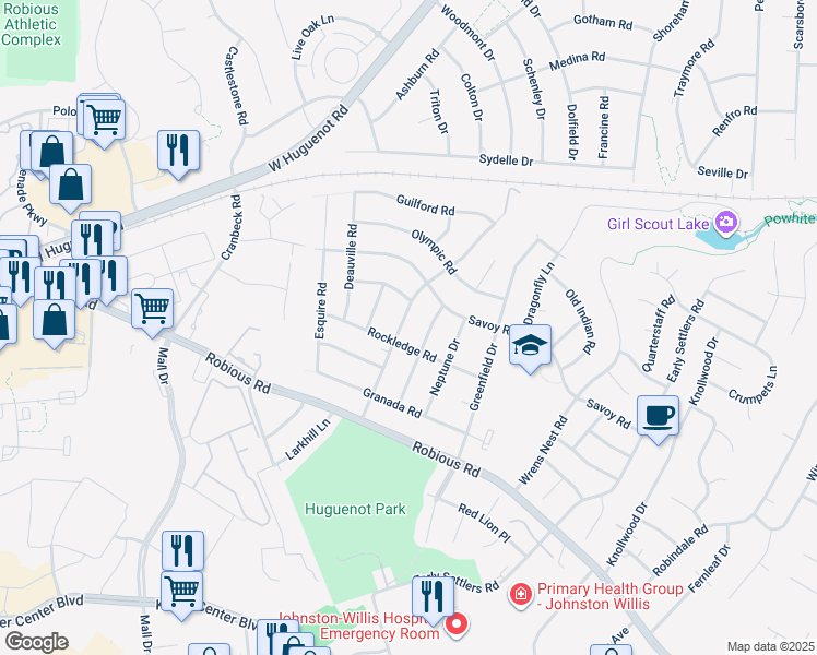 map of restaurants, bars, coffee shops, grocery stores, and more near 2015 Woodmont Drive in Richmond
