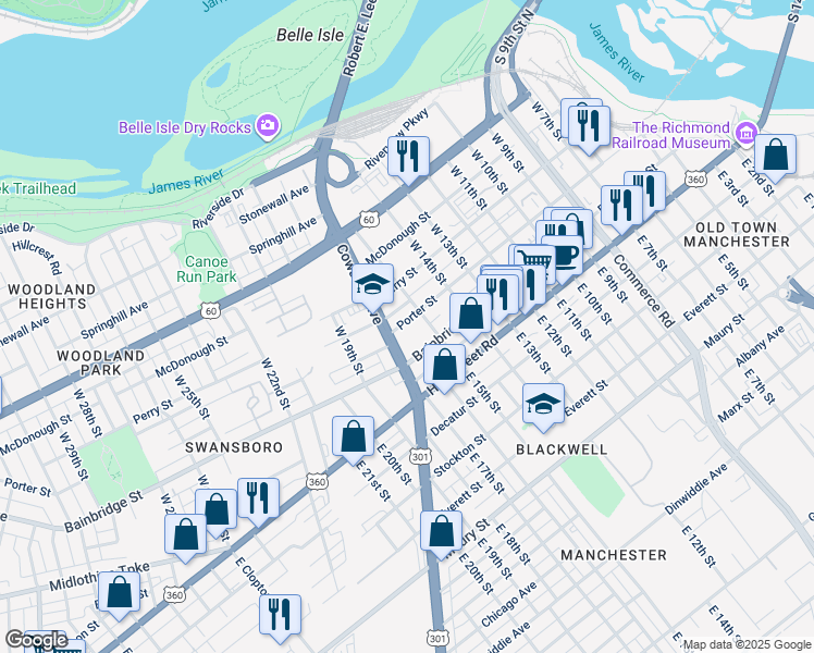 map of restaurants, bars, coffee shops, grocery stores, and more near 1512 Porter Street in Richmond