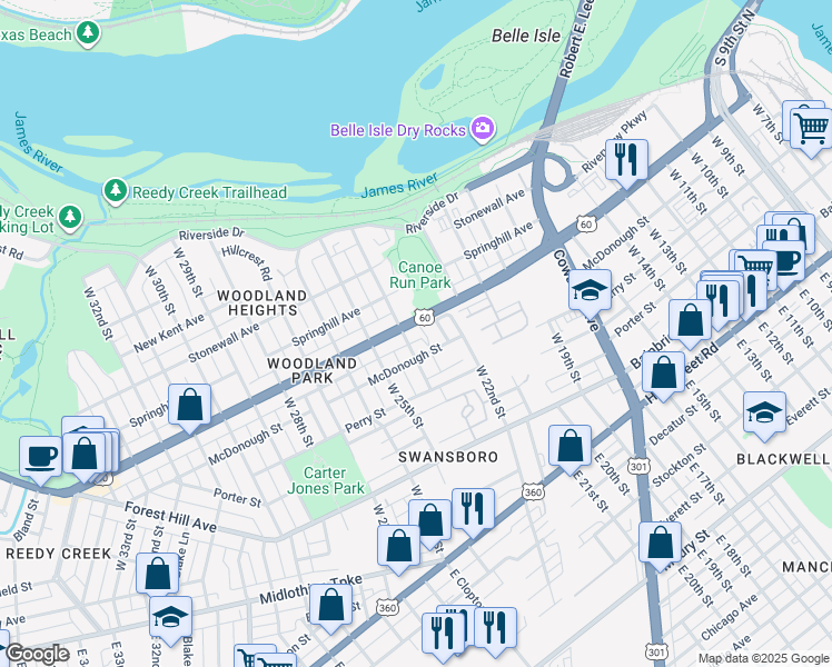 map of restaurants, bars, coffee shops, grocery stores, and more near 2310 Semmes Avenue in Richmond