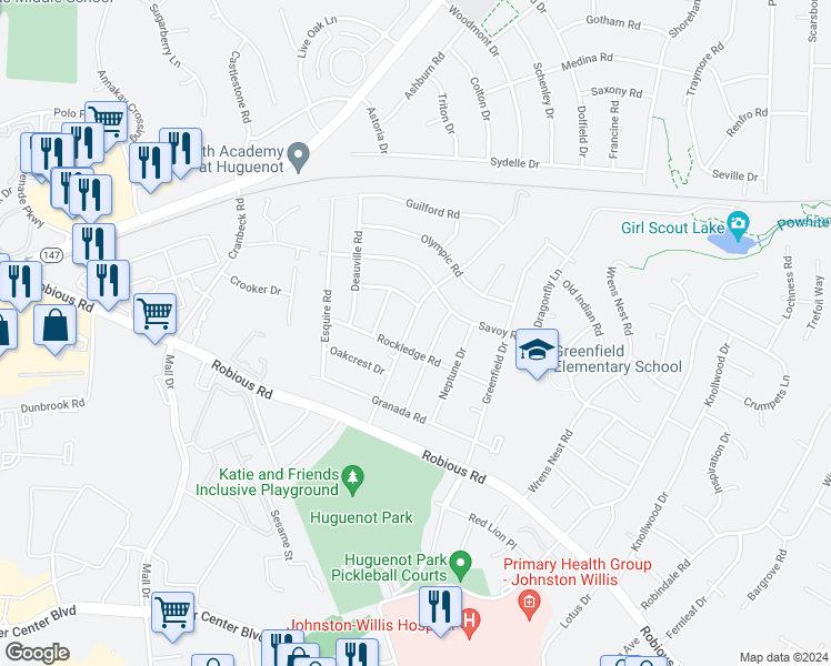 map of restaurants, bars, coffee shops, grocery stores, and more near 2015 Woodmont Drive in Richmond
