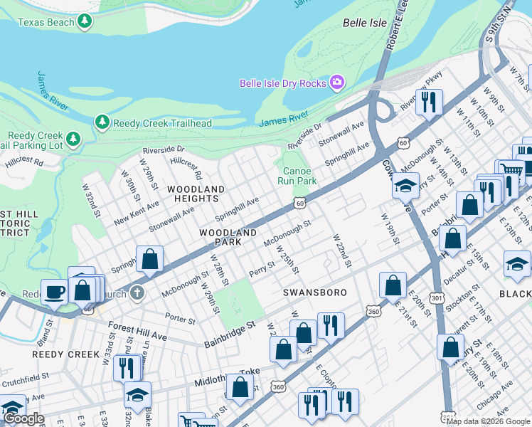 map of restaurants, bars, coffee shops, grocery stores, and more near 510 West 24th Street in Richmond