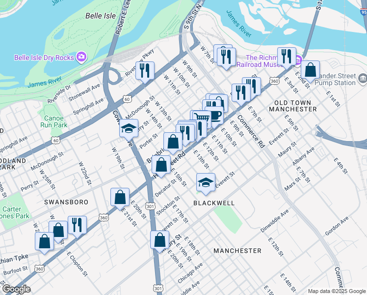 map of restaurants, bars, coffee shops, grocery stores, and more near 1315 Hull Street in Richmond