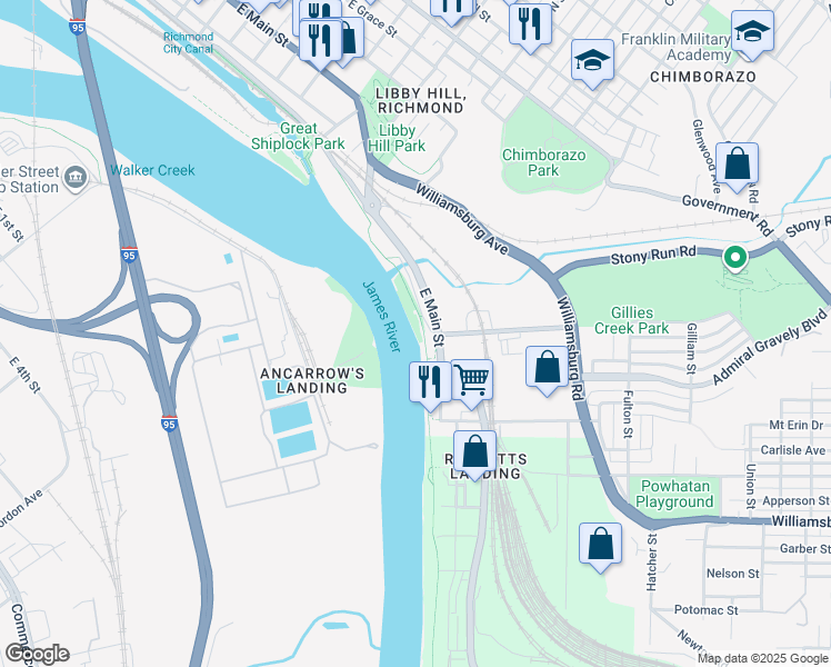 map of restaurants, bars, coffee shops, grocery stores, and more near 3101 Wharf Street in Richmond