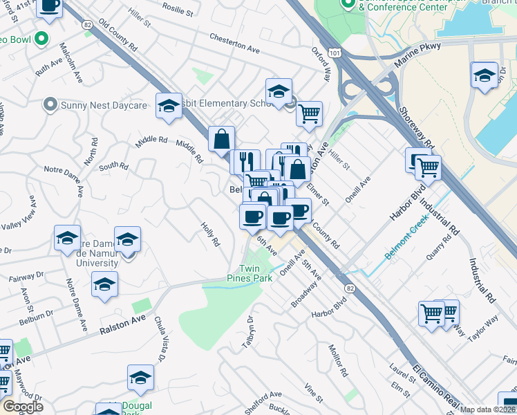 map of restaurants, bars, coffee shops, grocery stores, and more near in Belmont