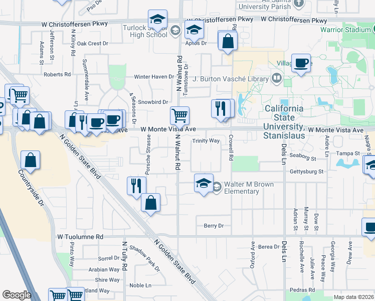 map of restaurants, bars, coffee shops, grocery stores, and more near 3135 North Walnut Road in Turlock