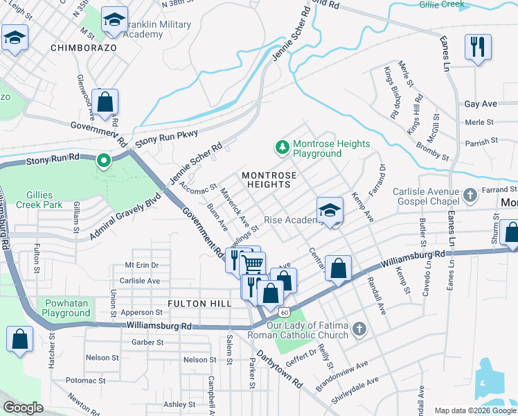 map of restaurants, bars, coffee shops, grocery stores, and more near Luray Avenue in Richmond