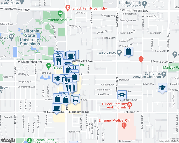 map of restaurants, bars, coffee shops, grocery stores, and more near 3004 James Lane in Turlock