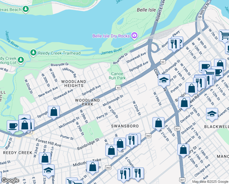 map of restaurants, bars, coffee shops, grocery stores, and more near 417 West 24th Street in Richmond