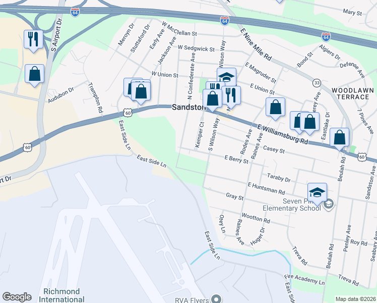 map of restaurants, bars, coffee shops, grocery stores, and more near 20 South Confederate Avenue in Sandston