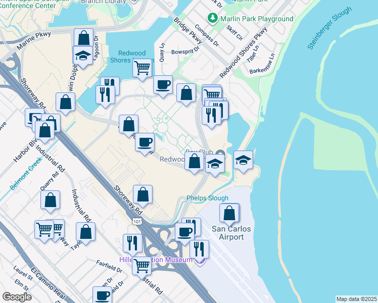 map of restaurants, bars, coffee shops, grocery stores, and more near 201 Redwood Shores Parkway in Redwood City