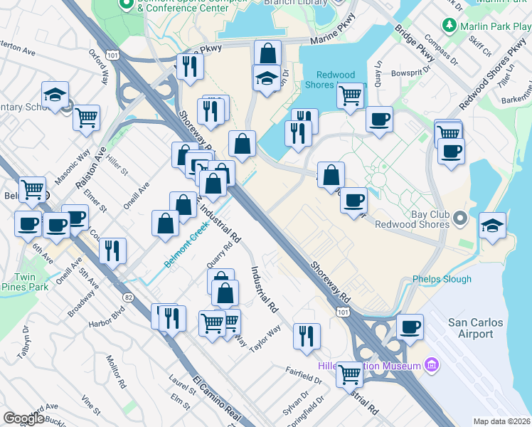 map of restaurants, bars, coffee shops, grocery stores, and more near 1401 Shoreway Road in Belmont