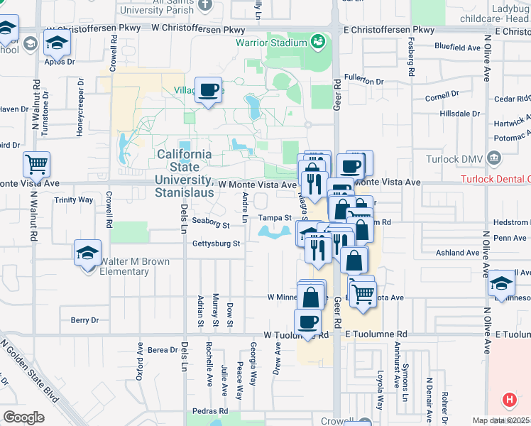 map of restaurants, bars, coffee shops, grocery stores, and more near 3100 Andre Lane in Turlock